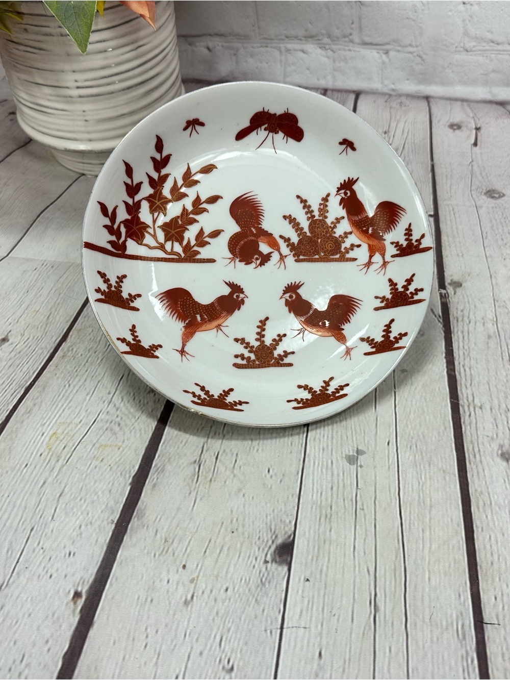 Vtg bowl Rust Red Rooster farmhouse rustic folk-art country cottage butterfly